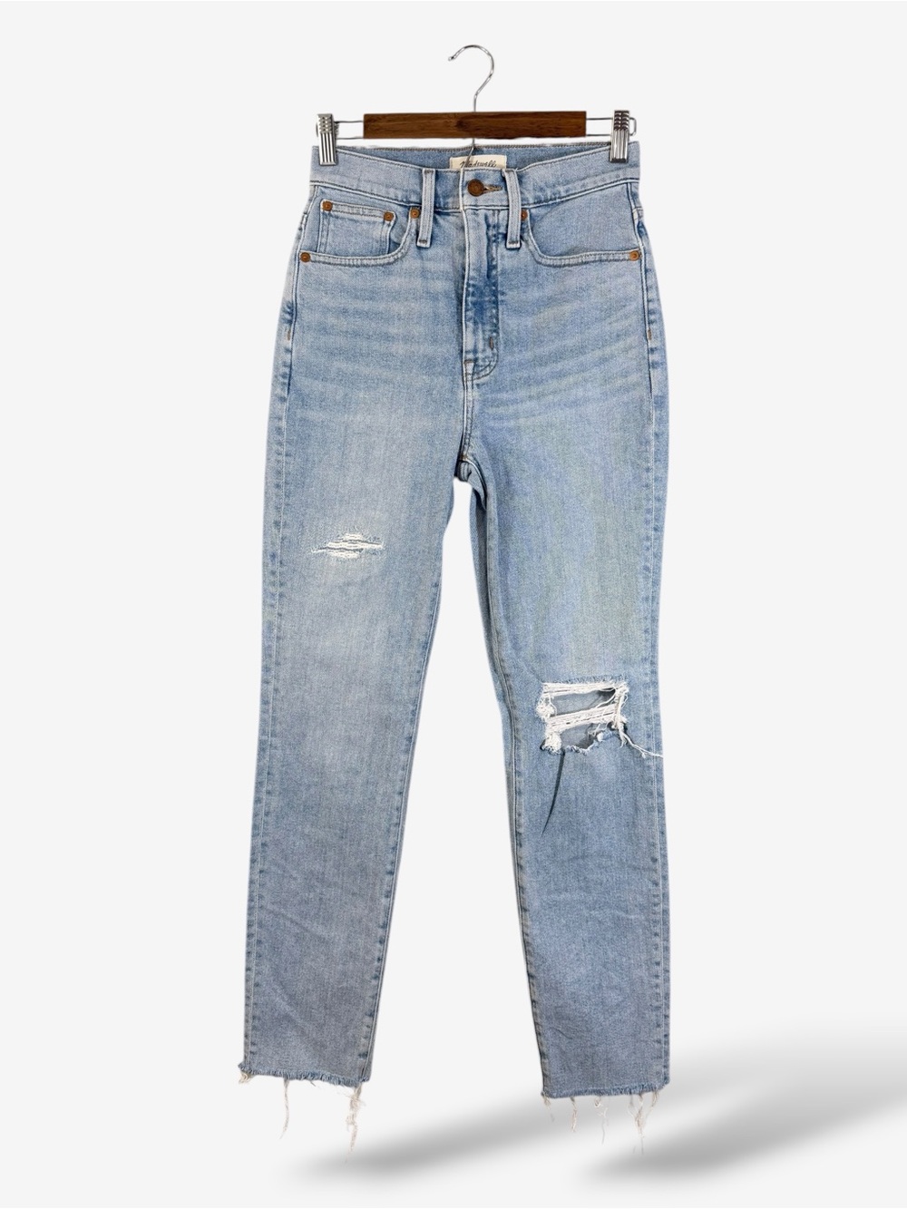 Madewell Mom Jeans Light Wash Size 24T 24 Tall Ripped Frayed Hem High Waist